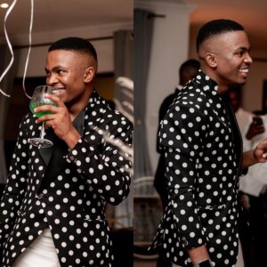 Fashionable Men’s Suits Set 2 Pcs Customized Polka Dot Blazer And White Trousers Cocktail Prom Evenings Dinner Party Suits