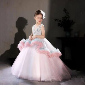 Jill Wish Luxury Embroidery Pink Arabic Girl Dress Beades Princess Long Wedding Birthday Pageant Party Evening Ball Gown J120
