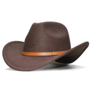 Khaki leather hat woolen wide overhang protective warm cowboy adjustable for men and women