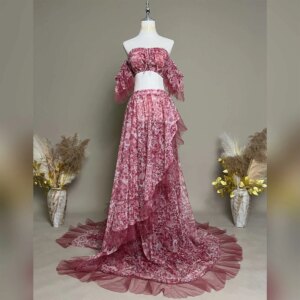 Don&Judy Pregnancy Dresses Photoshoot Printed Chiffon One-shoulder Two-piece Set Tulle Lace Decoration Women Maternity Clothing