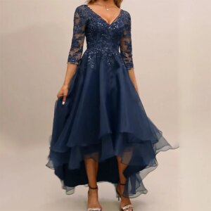 A-line V-Neck Formal Evening Dresses Organza Lace Sequins Asymmetrical Prom Gowns Customed