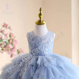 Light Blue Girls Princess Party Gown Lace Appliqués Wedding Birthday Dress Pageant Formal Occasions Performance
