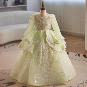 High Quality Mint Green Princess Special Occasion Flower Girl Dress Wedding Pary Prom Perform Birthday Baby Child Kid Ball Gown