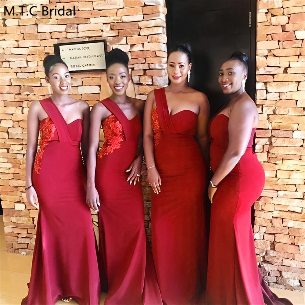 Custom Made 2025 Long Burgundy Bridesmaid Dresses For Black Girls One Shoulder Mermaid Appliques Satin Wedding Guest Gowns Cheap