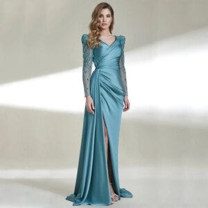 Sky Blue Evening Dresses for Women 2023 Beading Long Sleeves Luxury Gowns V Neck Side Slit Satin Wedding Guest Gown