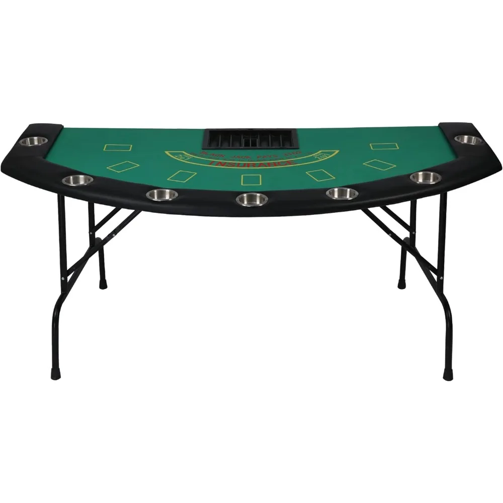 7 Player Blackjack Table with Folding Legs 71'' Casino Game Table Removable Metal Cup Holder Green Felt