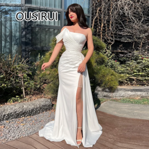 Custom Made Side Slit One Shoulder Satin Pleated Evening Arab Gown Beading Pearls Sheath Evening Bridal Dress with Sweep Train