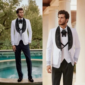 Gentleman Wedding Tuxedos One Button Beaded Men Suit Shawl Lapel 3 Piece Set Jacket Vest Pants Groom Business Blazers Customized