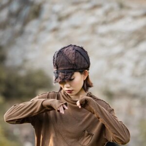 Autumn plant-dyed patchwork woolen octagon hat artsy vintage linen double casual lady’s