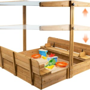 Wooden Sandbox with Cover, Sand Boxes for Kids Outdoor with Lid, Sandbox with 2 Foldable Bench Seats for Backyard (47x47in), UV-