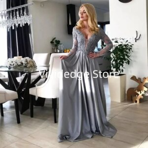 Customized Gray Satin Mother of the Bride Dresses Long Sleeves Lace Wedding Guest Dresses vestidos de fiestas elegantes mujer