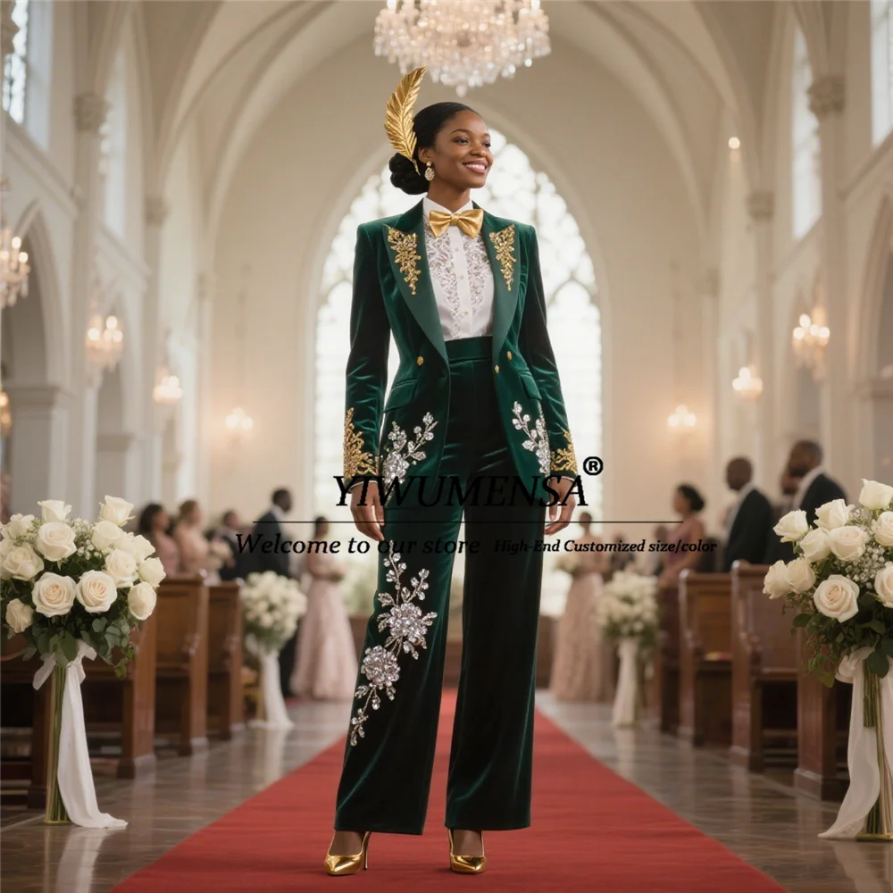 Metallic Jewelry Beaded Stones Suits Women For Wedding Velvet Double Breasted Jacket Pants 2 Pieces Mother Of Bride Dresses 2025