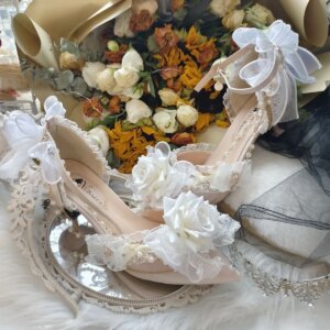 Special-Interest Design Lolita Wear Handmade High Heels White Pointed Women’s Shoes