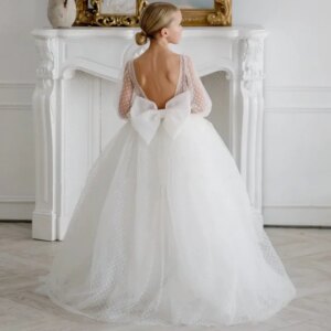Birthday Banquet First Communion Gowns Flower Girl Dresses White Tulle Polka Dot Skirt With Bow Long Sleeve For Wedding