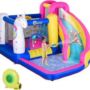 Inflatable Water Slide Bounce House with Trampoline, Climbing Wall, Water Cannon, Basketball Hoop, Splash Pool, 450W Blower, Uni