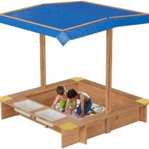 Wooden Sandbox with Cover/Lid & Retractable Canopy, 2 Side Buckets & Drainage Liner u2013 Weather-Resistant Outdoor Sand Box fo