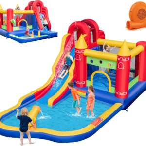Inflatable Water Slide with 750w Blower, 9 in 1 Waterslide Bounce House Water Park w/Splash Pool, Ball Pit with 50 Balls
