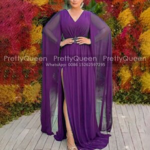 Purple Chiffon A Line Mother of the Bride Dresses V Neck Side Slit Long Sheer Cloak Beaded Wedding Party Dress Customized