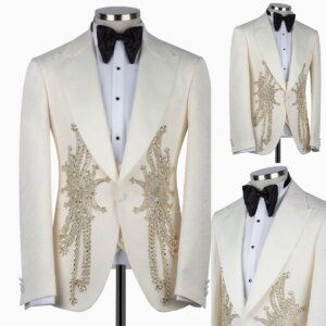 Men Suit Wedding Tuxedo Peaked Lapel 2 Pcs Jacket Pant Beading Applique Groom Wear Tailored Prom Party Occasion