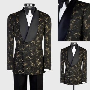 Classic Floral Jacquard Wedding Suits Double Breasted Groom Wear Shawl Lapel Tuxedos Business 2 Pcs Jacket Pants Customized