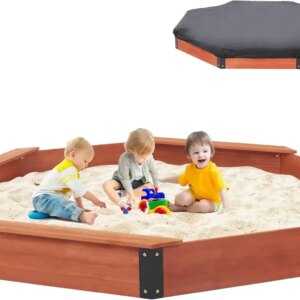 85”x78”x9” Wooden Octagon Sandbox with Cover, Large Sandpit for Kids Outdoor Patio Backyard Play, Easy & Quick Assemble