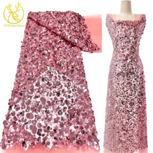 3D French Sequin Embroidered Floral Lace Fabric Elegant African Beaded Tulle Lace Fabric Women’s Wedding Dress Evening Gown