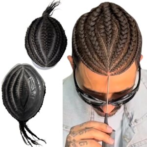 Indian Virgin Human Hairpiece #1B Black Color Cornrow Braids Knots PU Toupee 8×10 Skin Unit for Black Men