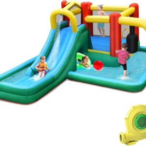Inflatable Water Slide, 6 in 1 Giant Jumping Water Bounce House Water Park w/Splash Pool, Pendulum, Outdoor Blow up Water Slides