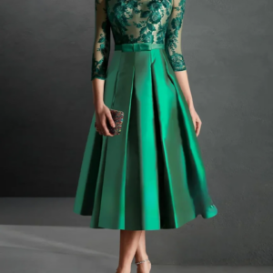 Dark Green Mother of the Bride Dress O-Neck Three Quarter Sleeve Exquisite Florals Appliques Wedding Guest Dress/Evening Dress s