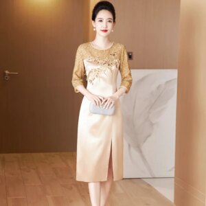 Champagne Lace Sleeve Mother of the Bride Dress Formal Evening Gown for Wedding Party Women’s Special Occasion Fashion