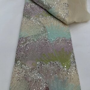 African Nigerian Beads Tulle Lace Fabric Sequins Sewing Beads Sequins Embroidery Dresses High Quality 2025 5Yards Dresses Party