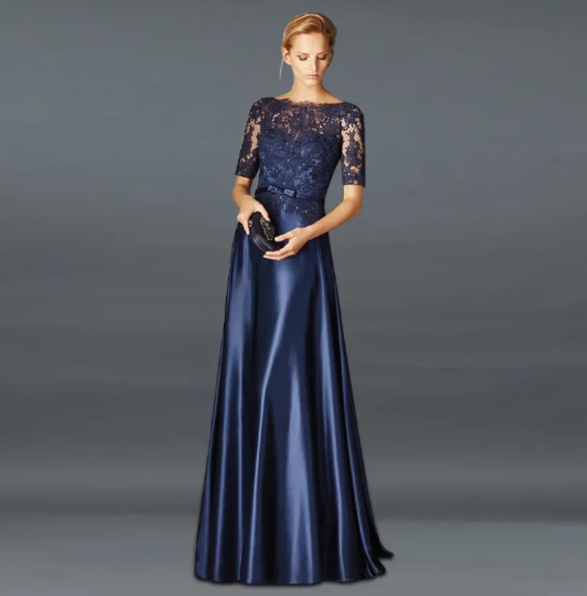 Mother Dress For Wedding Banquet Ceremony Royal Mother Of The Bride Dress A-line Satin Half Sleeves Appliques Long Evening Prom