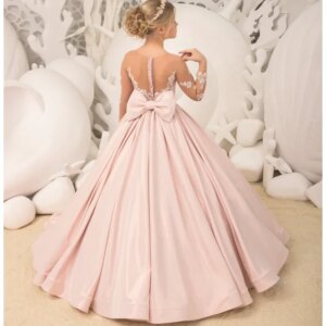 Pink Satin White Flory Pattern With Bow Long Sleeve For Wedding Birthday Party Banquet Gowns Customized Flower Girl Dresses