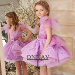 Customized Puffy Lace Flower Girl Dress for Baby Bow Back Pageant Kids Wedding Party Gown Communion Robe De Demoiselle for Girls