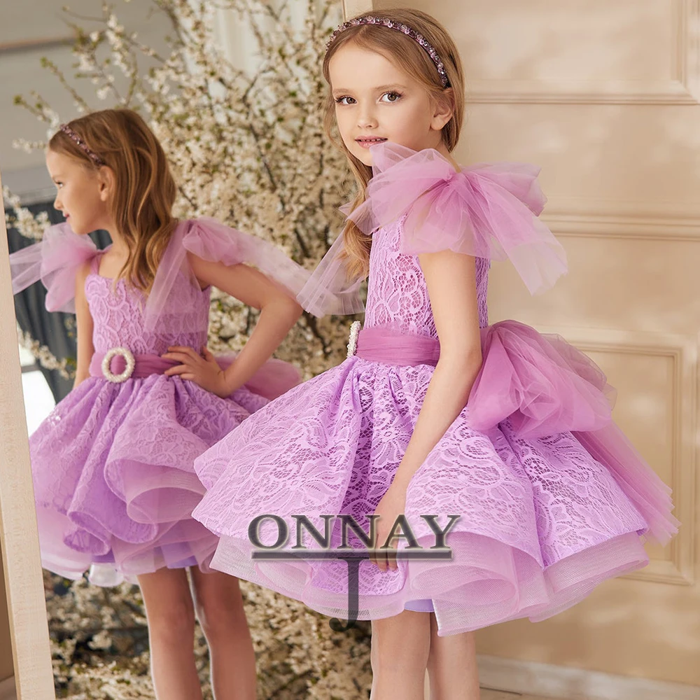 Customized Puffy Lace Flower Girl Dress for Baby Bow Back Pageant Kids Wedding Party Gown Communion Robe De Demoiselle for Girls