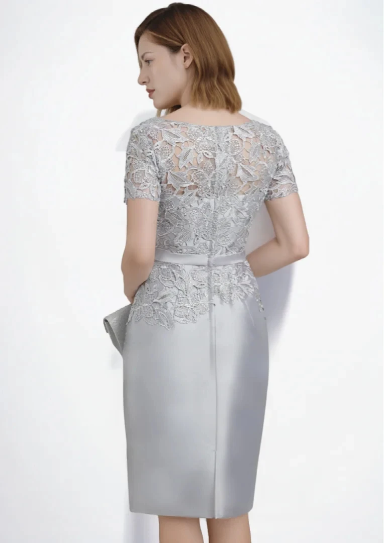 Elegant Formal Evening Dress Satin Scoop Neck Knee-Length Cocktail Dress Applique Mother of the Bride Dress 2025 Free Customized