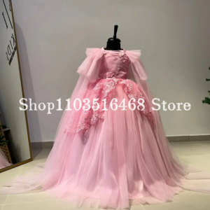 Haute Couture vestidos de 15 quinceañer 2025 Pink Fantasy Floral Applique Removable Shawl Coronation Dress Flower Girl Dresses