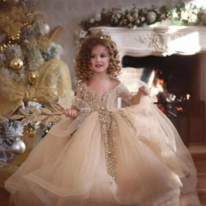 Sparkly Tulle Flower Girl Dress for Wedding Off – Shoulder Design with Sequins for Birthday  Christmas Events Elegant Ball Gown