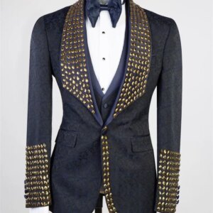 Golden Crystals Men Suit Set 2 Piece Blazer+Pant Trousers Customized Formal Office Jacket Wedding Tuxedos Male Coat