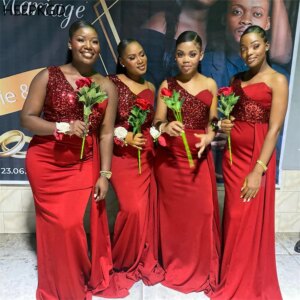 Wholesale Burgundy 2025 Long Bridesmaid Dresses Mermaid One Shoulder Sequin Satin Shiny Wedding Guest Gowns Customized