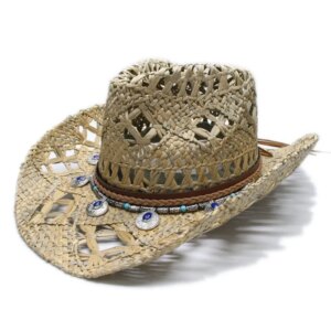 Vintage men’s and women’s grass large eaves hollow cowboy hat ethnic pendant belt top