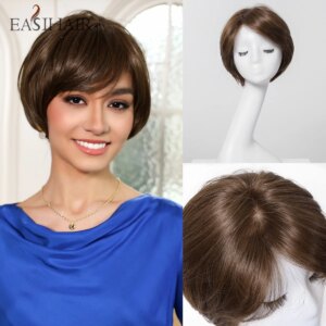 EASIHAIR Short Bob Lace Front Synthetic Wig Brown Straight Monofilament Lace Women Wigs with Bangs Heat Resistant Futura Fiber