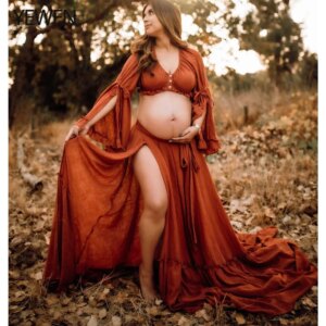2 Pieces Gown V Neck Maternity Dresses for Photo Shoots Photography Dress Baby Shower Dress for Pregnant Woman YEWEN YD211008