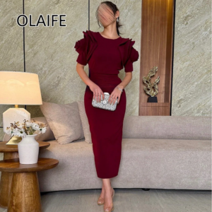 Bridesmaid O-neck Satin Saudi Arab Dress Ruffles Sheath Tea-Length Fomral Evening Party Gown with Short Sleeve Customized