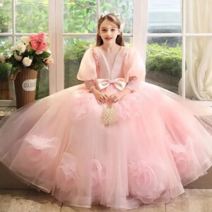 Jill Wish Luxury Pink Girl Dress Flowers Long Puffy Sleeve for Princess Kids Birthday Wedding Party Pageant Holiday Gown J352