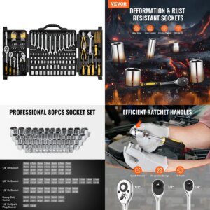 VEVOR 207Pie Mechanics Tool Set 1 4″ 3 8″ 1 2″ Drive Sockets SAE and Metric