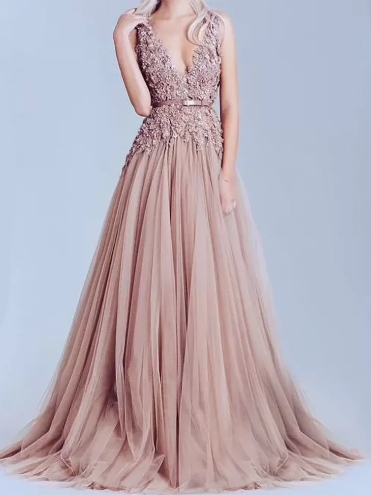 Classic V-Neck Appliquins Sleeveless Pleat A-Line Mother Of Bride Wedding Dresses Bridal Gowns Customized