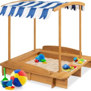 Kids Wooden Cabana Sandbox Play Station for Children, Outdoor, Backyard w/ 2 Bench Seats, UV-Resistant Canopy Shade, Fabric Sand