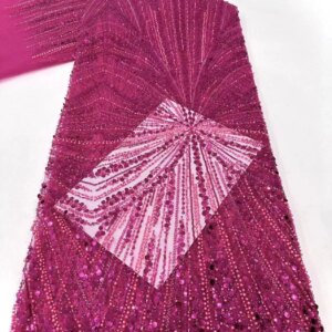 5 Yards Luxury African Sequins Lace Fabric 2024 High Quality Pink French Mesh Nigerian Beaded Lace Fabrics For Sewing KB4797