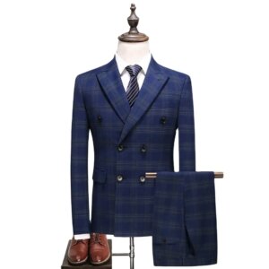 Men’s slim fit double button high-quality business custom solid color grid set wedding party dress